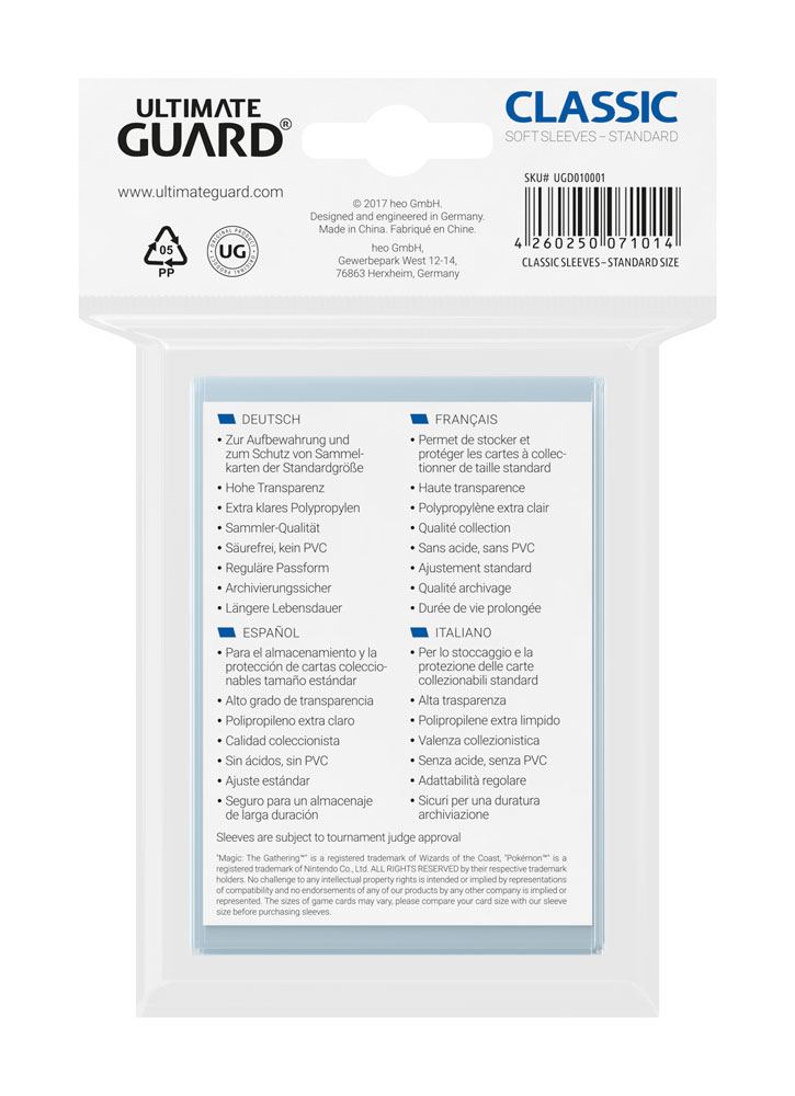 Ultimate Guard Sleeves Transparent Classic Soft Standard Size - Penny Sleeves